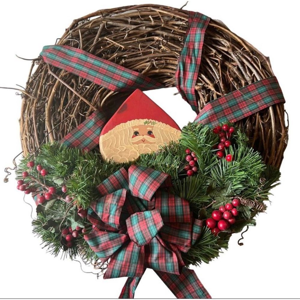 Christmas Holiday Twine Door Wreath Wall Decor Red Green Ribbon Samra Approx 19”